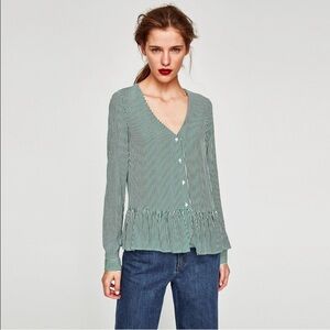 Zara Trafaluc Women’s Green White Striped Peplum Button Down Long Sleeve Blouse